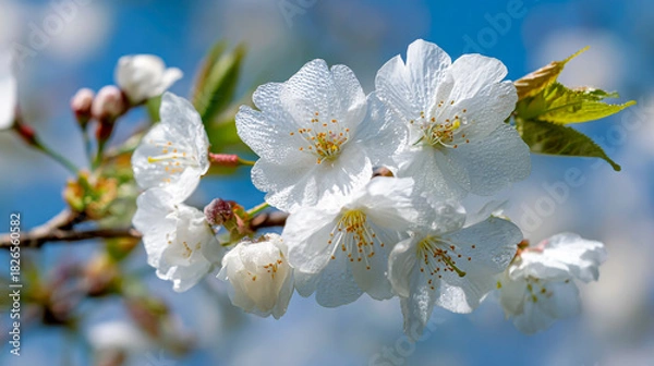 Obraz A branch of white cherry blossoms with green leaves