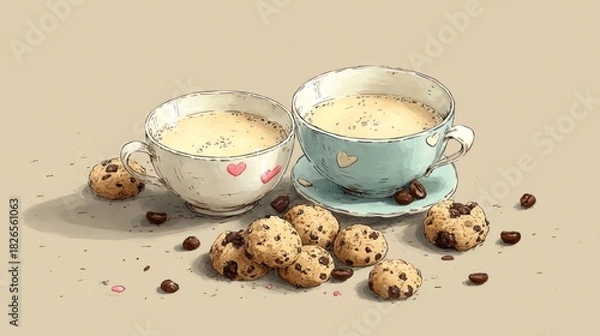 Fototapeta Delightful Coffee Cups and Chocolate Chip Cookies Arrangement.