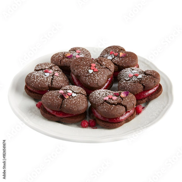 Obraz Dark Chocolate Heart-Shaped Sandwich Cookies with Raspberry Jam Filling and Powdered Sugar isolated on a transparent background 