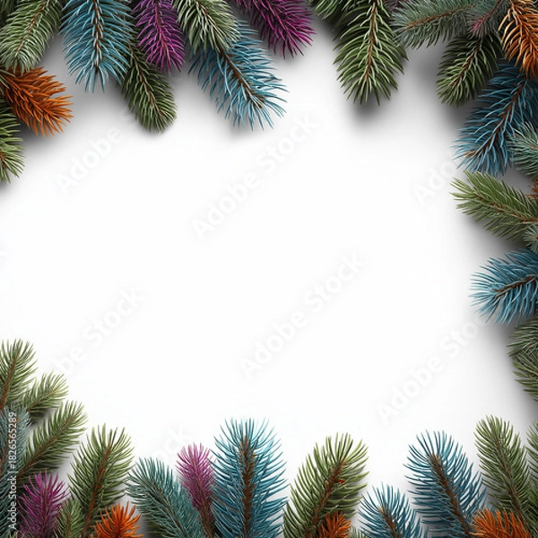 Fototapeta Colorful Christmas Pine Branch Frame on White Background with Copy Space