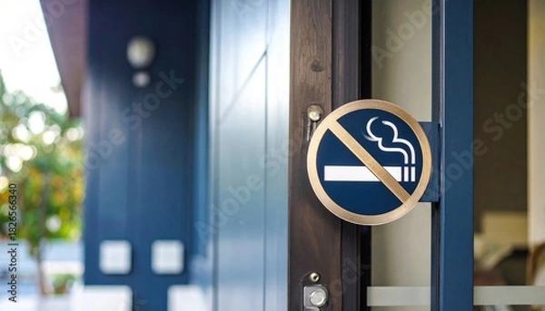 Fototapeta No Smoking Sign with gold trim on a blue door, symbolizing health and public safety policy at an entrance.