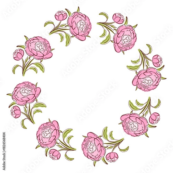 Fototapeta Peony spring flower wreath in a flat style. Ideal for botanical design, greeting card, textile and spring art isolated on white background.