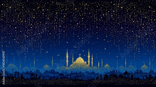 Obraz A radiant blue background illuminating a simple mosque and cityscape