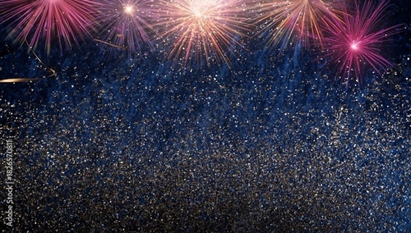 Fototapeta Celebration background with fireworks and confetti for new year's eve party event