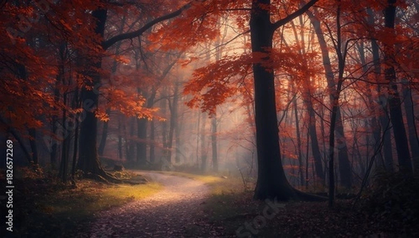 Fototapeta Beautiful autumn forest landscape with vibrant colors and misty atmosphere scene