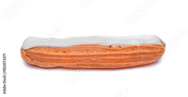 Fototapeta An isolated, perfectly baked eclair pastry with a light brown choux dough shell is topped with smooth, white sugar glaze on a pure white background.