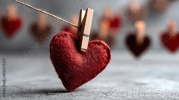 Fototapeta Red heart hanging with a wooden clip Valentines Day concept.