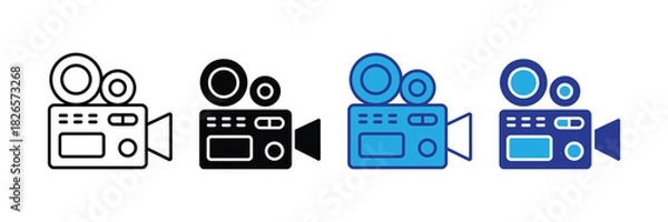 Fototapeta Four different icon styles of a vintage film camera, representing video recording and cinema production, isolated on white background