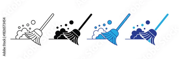 Obraz Set of stylized broom icons illustrating the sweeping action, creating dust or debris clouds, perfect for cleaning service logos and home maintenance concepts.