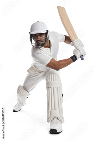 Obraz Cricketer in white uniform stepping forward to drive the ball, isolated background