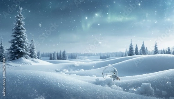 Fototapeta Winter wonderland snow globe scene with christmas trees and aurora borealis sky view