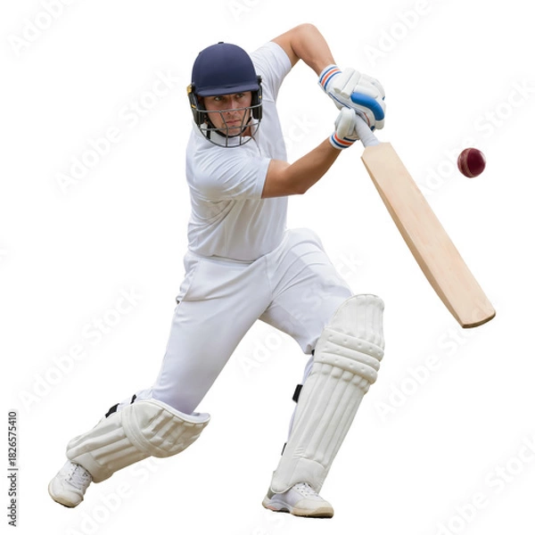 Obraz Batsman in white uniform making contact with the cricket ball on isolated background