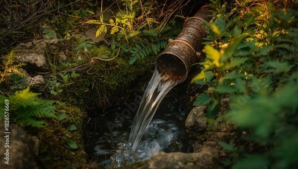 Fototapeta Natural spring water flowing from pipe in lush forest environment scenic view photo