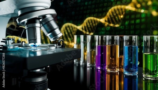 Fototapeta Stock photo of laboratory microscope with dna and colorful liquid solution vials