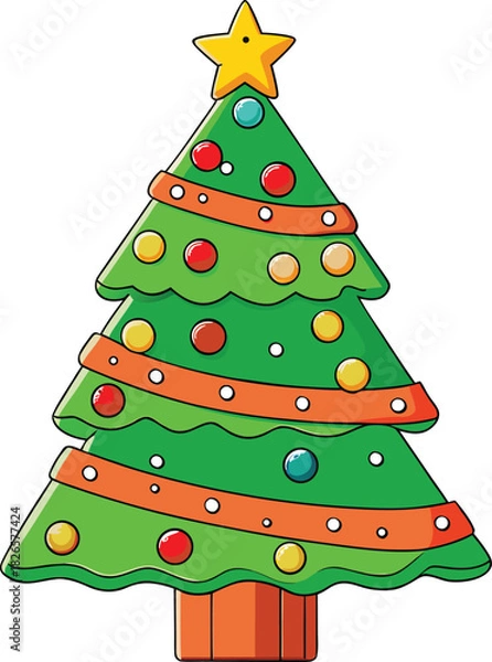 Obraz Vibrant Cartoon Christmas Tree Decorated with Peach Colored Garlands and Multi-Color Baubles, Without Base, Isolated Festive Vector
