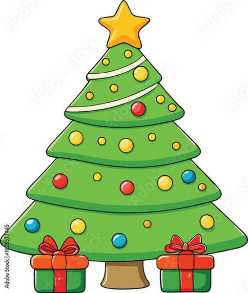 Obraz Four-Tier Christmas Tree with White Garland and Assorted Ornaments, Flanked by Two Matching Green and Red Presents, Isolated Vector