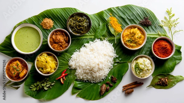 Obraz Top view of a banana leaf with white rice & various Indian dishes