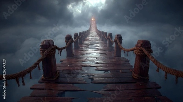Fototapeta Wooden Bridge Leading to Light in Dramatic Cloudy Sky.