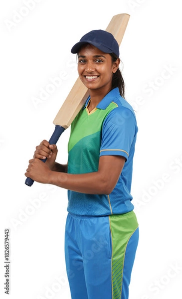 Obraz Happy female cricket player in blue and green uniform holding bat on isolated background