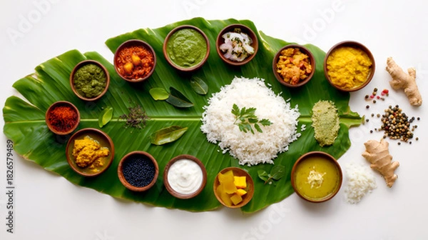 Obraz Top view of a banana leaf with white rice & various Indian dishes