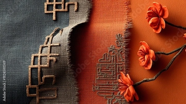 Fototapeta Abstract artwork with floral elements and geometric patterns.