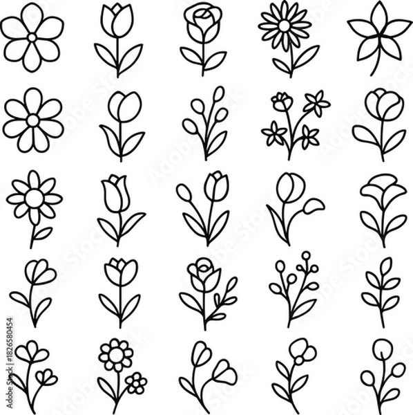 Obraz Hand-Drawn Flower Line Art Set  Minimalist Botanical Sketch, Vintage Floral Outline, Garden Petals & Monochrome Vector Collection