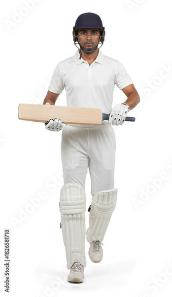 Obraz Cricket player in white uniform walking forward holding bat horizontally