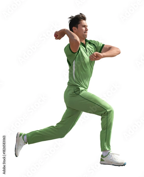 Obraz Male cricketer in green uniform running to field the ball on isolated background