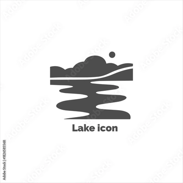 Obraz Lake icon silhouette with sun and clouds, simple water surface pictogram for nature, travel, environment, and outdoor landscape vector illustration.