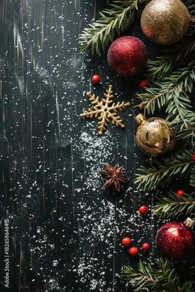 Fototapeta Festive christmas and new year decoration with ornaments and pine branches for holiday celebration. Vertical banner. Copy space. Top view. New Year postcard. Christmas template