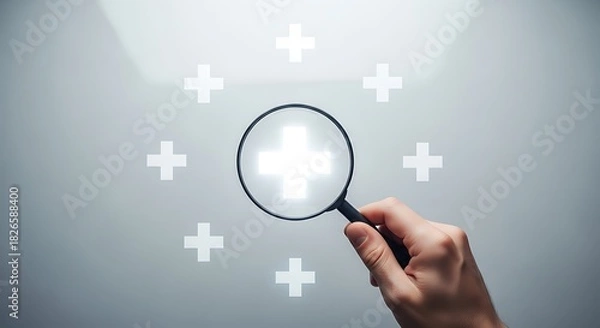 Fototapeta Magnifying glass focusing on a plus sign isolated on white background