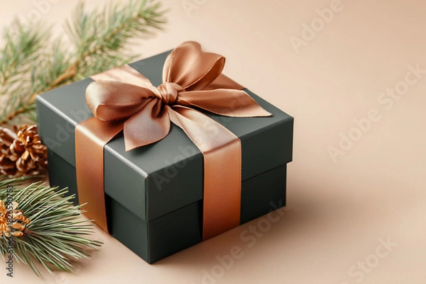 Fototapeta Elegant gift box with ribbon on beige background with pine branches  