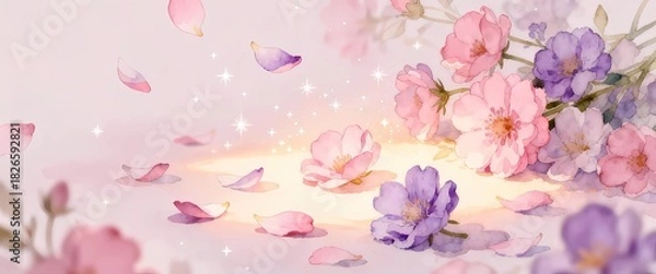 Obraz 横たわるピンクと紫の花の背景イラスト：パステルカラーの壁紙、バナー