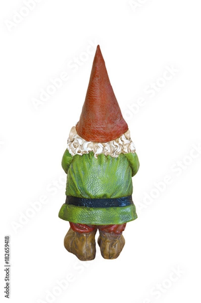Fototapeta Gnome w zielonym garniturze i czerwonym spiczastym kapeluszu w widoku z tyłu