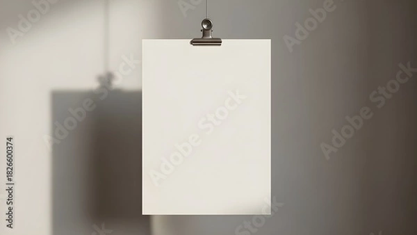 Fototapeta Hanging Vertical Blank White Paper Sheet Mockup with Silver Clip and Dramatic Wall Shadow