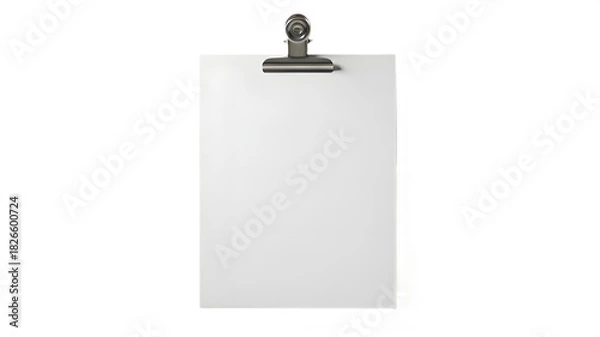 Fototapeta Vertical Blank White Paper Sheet Mockup with Metallic Bulldog Clip Isolated on White