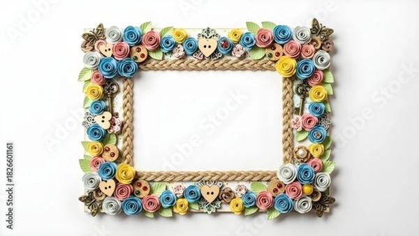 Fototapeta Handmade decorative picture frame with colorful quilled paper flowers and rustic rope border