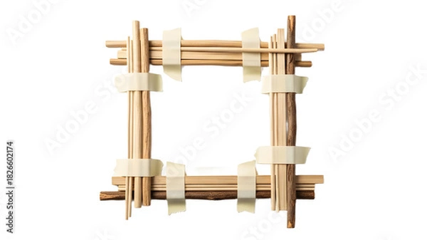 Fototapeta Handmade Wooden Stick Square Frame Placeholder Mockup Isolated on White Background