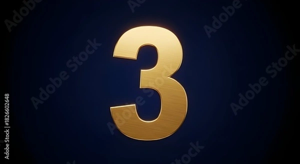 Fototapeta Luxury Gold Metallic Number Three, 3D Render, Dramatic Lighting on Dark Background