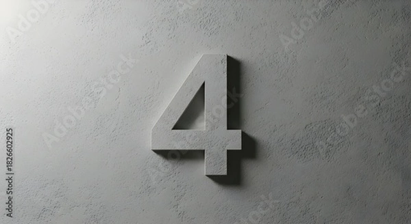 Fototapeta Concrete Stone Textured Number 4 Embedded in Light Gray Wall with Dramatic Shadow
