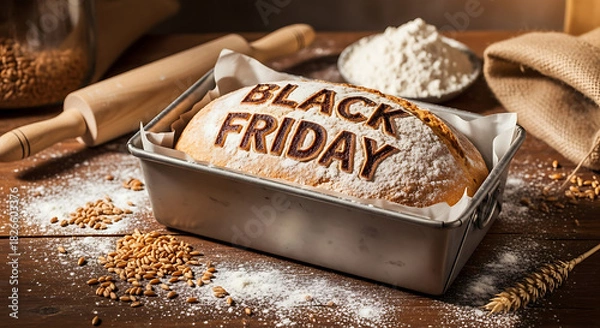 Obraz Bakery loaf baked with Black Friday text in pan surrounded by rolling pin and flour for holiday shop 36415600 1