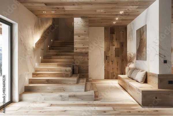 Fototapeta Scandinavian Rustic Style Entrance Hall Interior Design with Wooden Staircase: Down the way basement