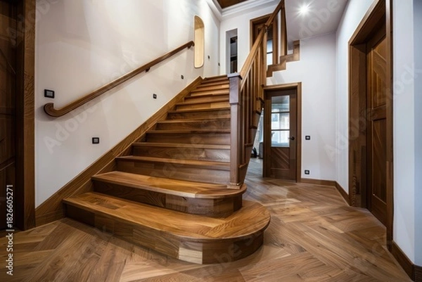 Fototapeta Wooden Staircase as a Highlight in Modern Scandinavian Rustic Entrance Hall Interior
