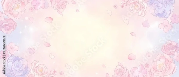 Obraz 淡いピンクとラベンダーの花のフレーム背景：パステルカラーの壁紙