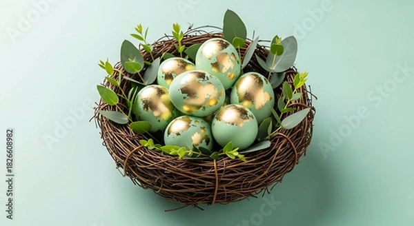Obraz Bright Easter nest with gold speckled eggs and eucalyptus on mint background 86858349 1