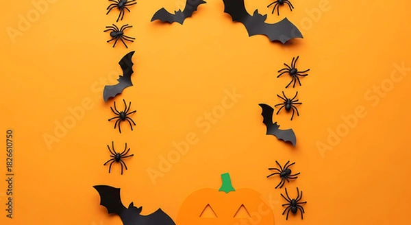 Obraz Bright vertical orange background featuring Halloween-themed black bat and spider paper decorations 53009548 1