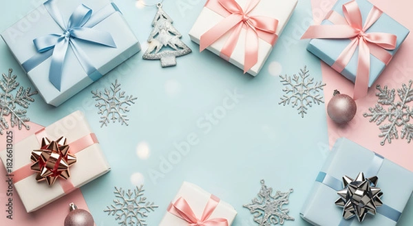 Fototapeta Cheers to bright New Year Top view photo beautifully presented gift boxes tied with bows fashionable 52126769 1