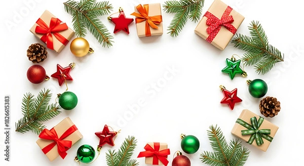 Obraz Christmas concept Top view photo of red green and gold baubles star ornaments gift boxes with bows a 57724515 1