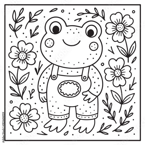 Fototapeta Cute Frog Coloring Page in Floral Frame. A happy little frog in overalls surrounded by flowers and leaves, perfect for kids' coloring activities