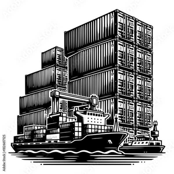 Fototapeta shipping containers stacked high sea freight cargo handling vector image illustration
